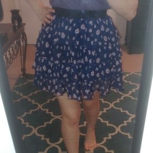 Blue and Pink Floral Skirt with Ruffles